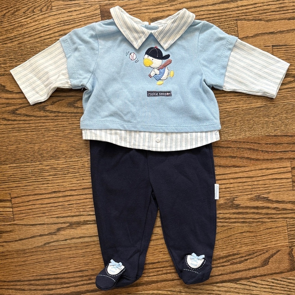 Vintage Baby Blue and Navy Outfit with Baseball Duck Embroidery Size 6M